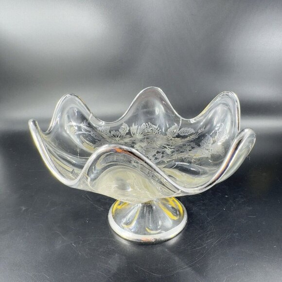Vintage Viking Clear Footed Dish Bowl With Silver Overlay Flowers Pattern VTG - Picture 10 of 14